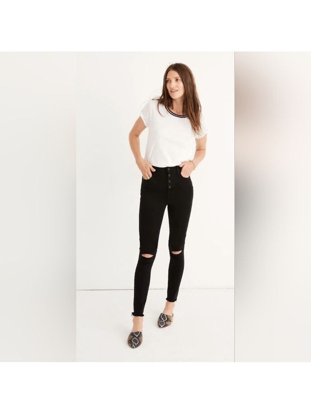 MADEWELL WOMEN'S BLACK HIGH-RISE DISTRESSED RAW HEM BUTTON-UP JEGGINGS SIZE 24P